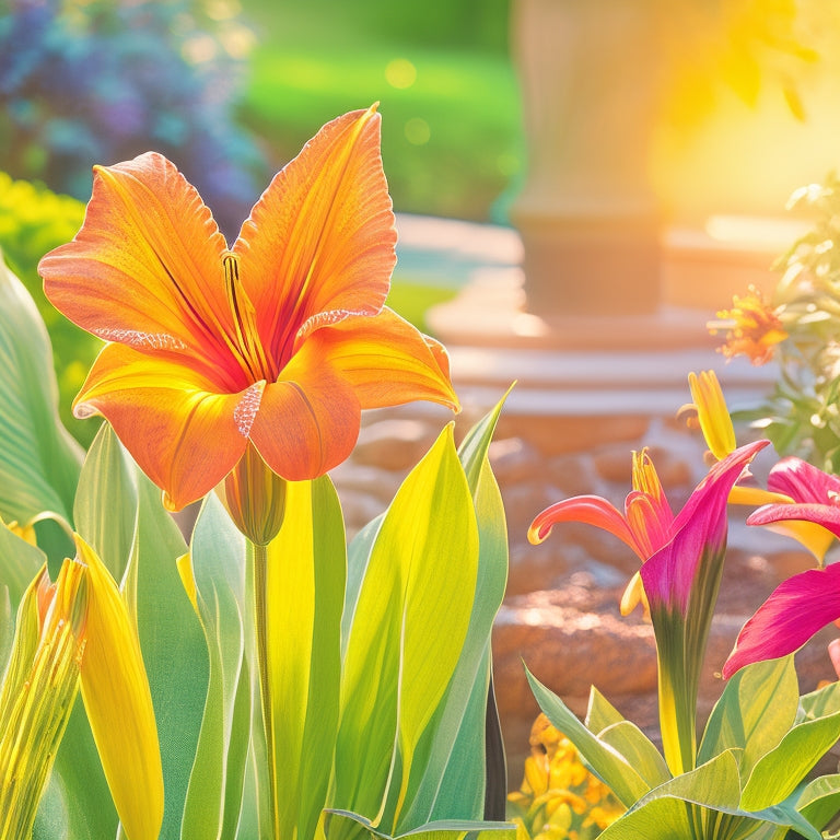 A serene, sun-drenched garden scene featuring a vibrant array of day lilies in diverse colors and shapes, swaying gently in a soft, warm breeze.