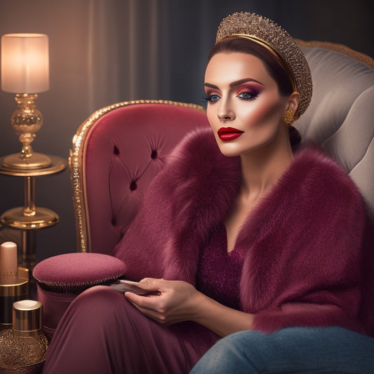 Create an image of a beautiful, elegant woman sitting in a plush, velvet-covered makeup chair, surrounded by various makeup products and brushes, with a soft, warm light illuminating her face.