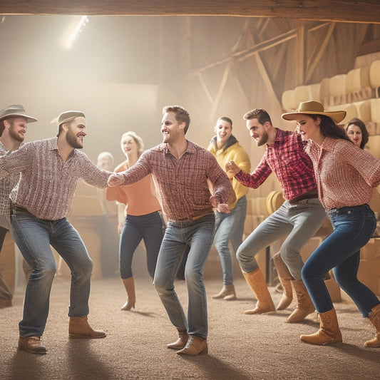 A vibrant, energetic illustration of a diverse group of people dancing together in a rustic barn, surrounded by hay bales, wooden crates, and vintage country props, with warm lighting and dynamic movements.