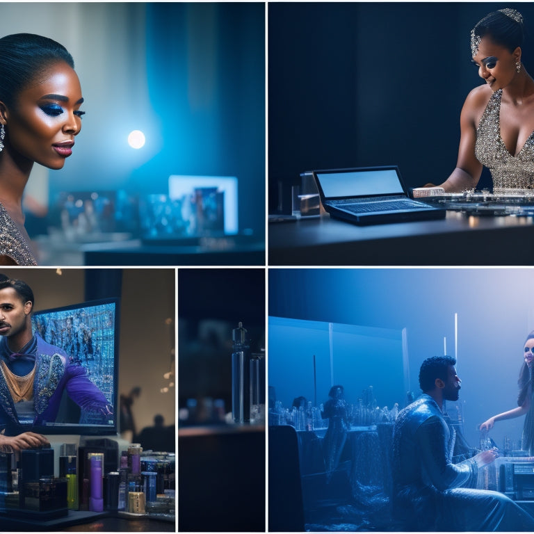 A split-screen image: on the left, a solo dance makeup artist surrounded by scattered makeup and mirrors, looking frustrated; on the right, the same artist surrounded by digital devices, smiling, with virtual mentors and tutorials floating around them.