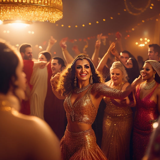 A warm, golden-lit dance floor scene with a belly dancer in a flowing, sequined costume, surrounded by joyful wedding guests, with a DJ console and Middle Eastern-inspired instruments in the background.