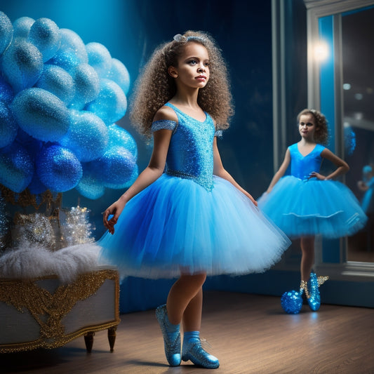 A whimsical illustration of Sydney Lee, a young girl with curly brown hair and bright blue eyes, standing in a sparkling ballet studio surrounded by glittering tutus and shimmering ballet shoes.