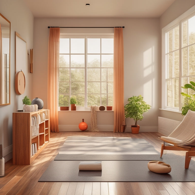 A cozy home workout space featuring sleek, wooden wall-mounted barres, natural light streaming through large windows, yoga mats on a polished floor, and exercise equipment neatly arranged in the background.