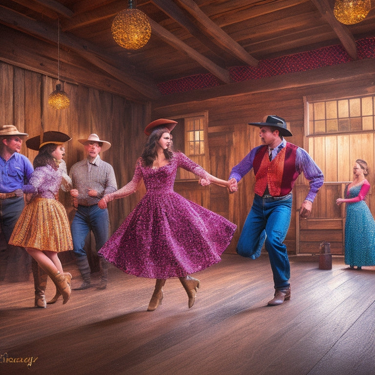 A vibrant illustration of a lively square dance scene: colorful dresses swirling, cowboy hats tipped, and boots tapping on a wooden floor, surrounded by rustic barn walls and twinkling string lights.