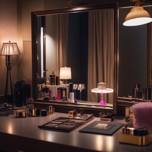 A glamorous, dimly-lit dressing room with a vanity mirror reflecting a stunning, made-up face; various makeup products and brushes scattered around; a smartphone or tablet displaying a dance makeup tutorial.