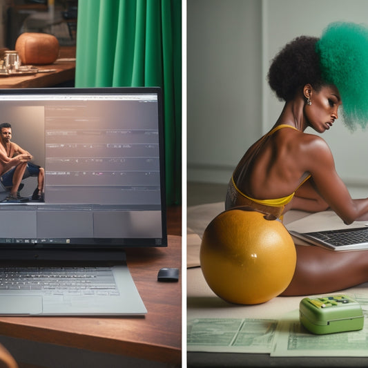 A split-screen image featuring a dancer in a studio on one side, surrounded by laptops and notebooks, and a price tag or a calculator on the other side, with a subtle gradient of money-green hues.