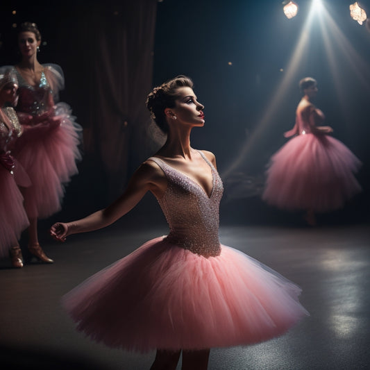 A warm spotlight illuminates a young woman, dressed in a flowing, pastel pink tutu, standing in a dramatic pose on a darkened stage, surrounded by subtle, shimmering fairy lights.