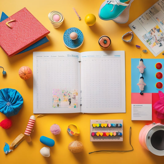 A colorful illustration of a dance studio with a large planner open on a table, surrounded by dance-themed stickers, dance shoes, and a few scattered music notes.