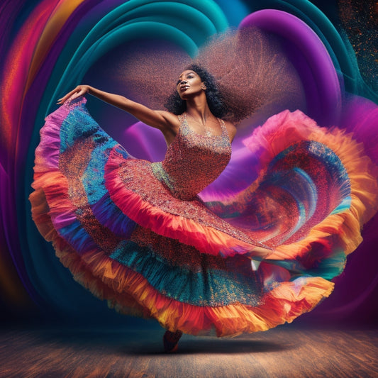 A vibrant illustration depicting a dancer in motion, surrounded by swirling shapes and colorful patterns, with musical notes and dance-inspired elements blending together in a dynamic, energetic composition.