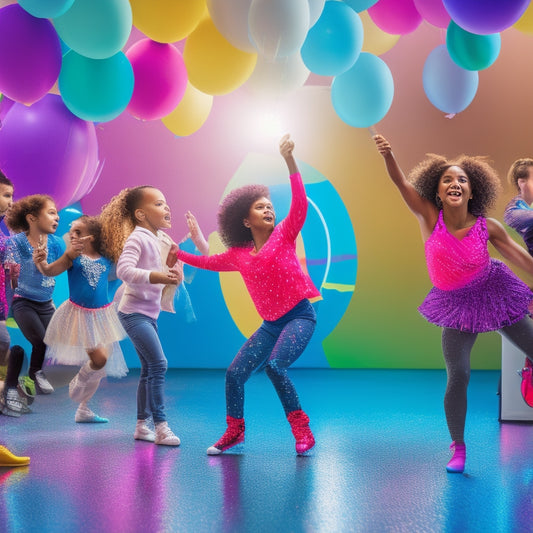 A colorful illustration of a bright, lively dance studio with young dancers of diverse ages and abilities, surrounded by vibrant charts and graphs on the walls, with confetti and balloons floating in the air.