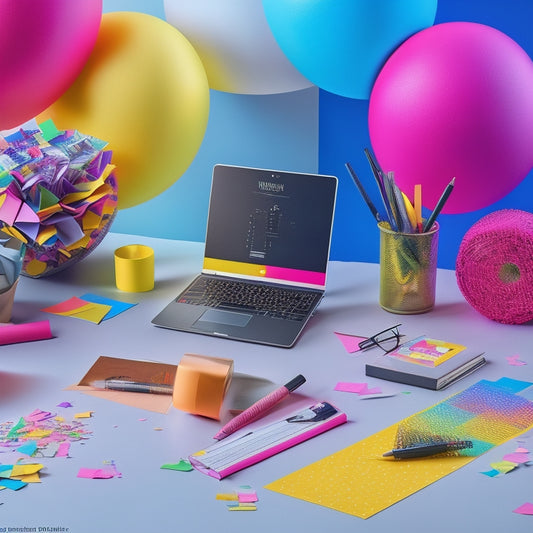 A vibrant, stylized illustration featuring a calendar, pens, and a laptop surrounded by colorful sticky notes, diagrams, and charts, set against a bold, geometric background with subtle confetti accents.