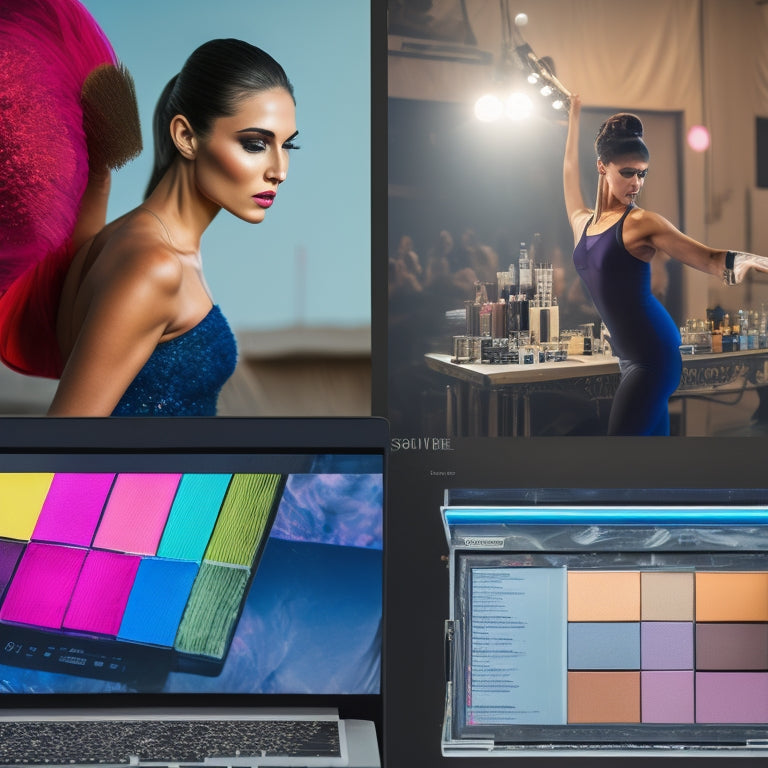 A split-screen image with a dancer in a studio on one side, surrounded by makeup brushes and palettes, and a laptop on the other side, with multiple tabs open on various online resources, such as YouTube tutorials and online courses.