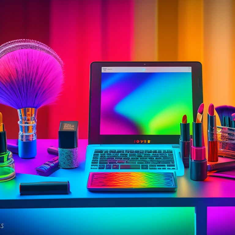 A vibrant, colorful illustration featuring a dance makeup artist's station with a laptop and smartphone surrounded by makeup brushes, eyeshadows, and lipsticks, with a subtle cityscape or stage lights in the background.