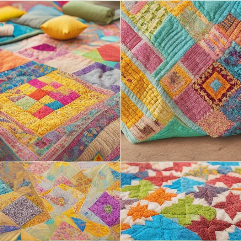 Vibrant quilts with geometric shapes, florals, and abstract designs in a mix of bright colors, arranged in a creative collage on a soft, creamy background, surrounded by scattered threads and needles.