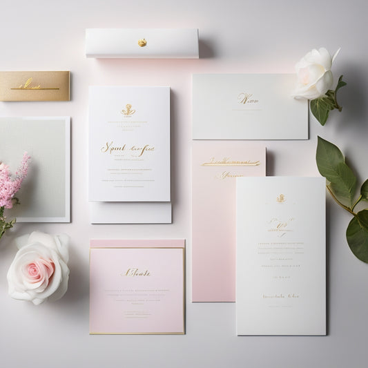 A minimalist, pastel-hued background with elegant, cursive font business cards in various feminine colors, scattered with gold foil accents, flowers, and subtle patterns, surrounded by delicate stationery and a few pearl earrings.