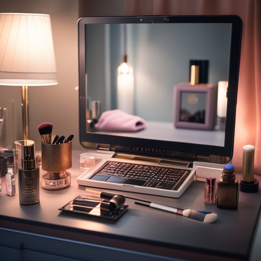 A beautiful, well-lit vanity with a mirror, surrounded by various makeup products and brushes, with a laptop or tablet in the center, playing a dance makeup tutorial video.