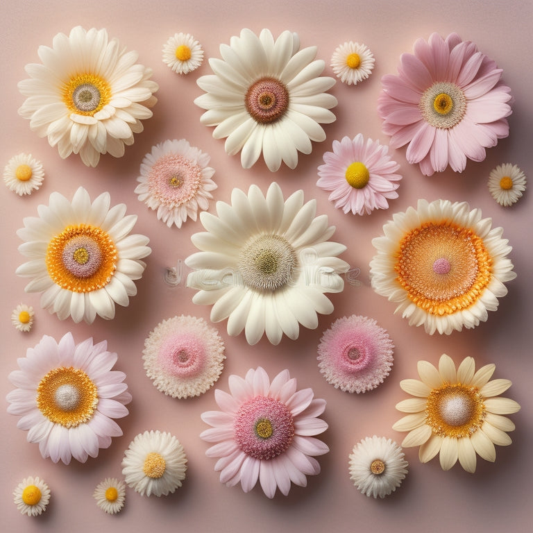 A whimsical illustration of daisies in various stages of bloom, arranged in a repeating pattern, with petals in shades of soft pink, yellow, and white, against a creamy white background.