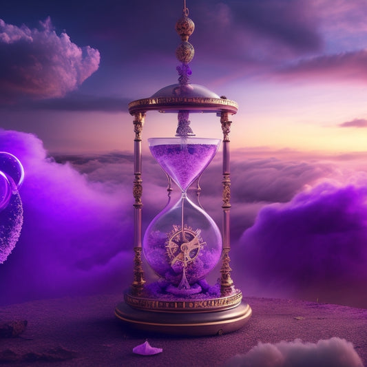 A surreal, dreamlike scene featuring a glowing, ethereal hourglass surrounded by swirling clouds of purple and silver mist, with delicate, intricate clockwork mechanisms in the background.