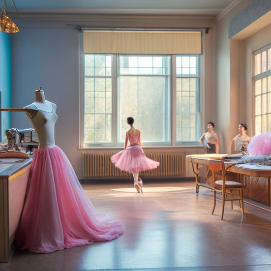 A serene, well-lit dance studio with a ballet barre in the background, featuring a dancer wearing a flowing, pastel pink shrug, with a sewing machine and fabric scraps on a table in the foreground.