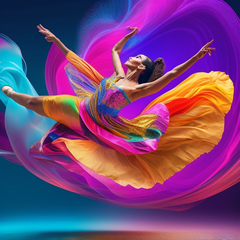 A vibrant, dynamic illustration featuring a dancer in mid-leap, surrounded by swirling dance-inspired shapes and colors, with a subtle sparkle effect to convey energy and confidence.