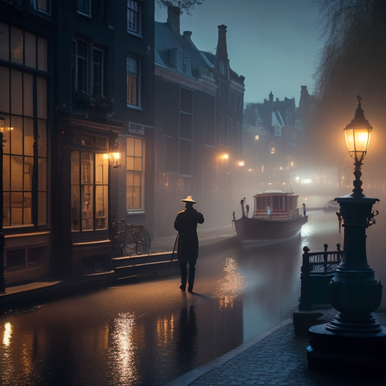 A misty, moonlit Amsterdam canal scene with a lone saxophonist in the shadows, surrounded by faint, eerie streetlamp silhouettes, reflecting off the rippled water's dark, mysterious tones.