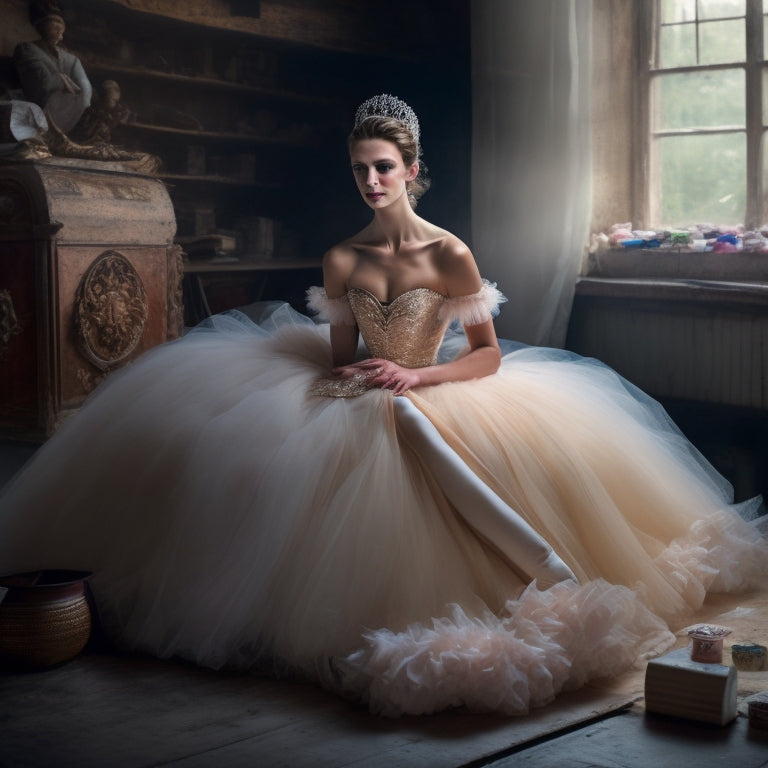 A serene, spot-lit ballet dancer in a flowing, layered tutu, surrounded by scattered fabric scraps, threads, and a half-sewn ballet skirt on a sewing machine, against a soft, creamy background.