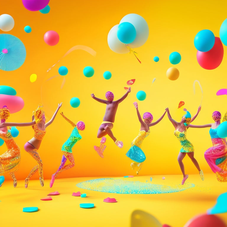 A whimsical illustration of stick figures in various dance poses, surrounded by swirling shapes and colorful confetti, set against a bright, sunny yellow background.