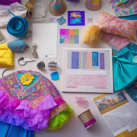 A whimsical illustration of a dance costume designer's desk, cluttered with colorful fabrics, scissors, and a laptop open to a digital design software, surrounded by inspirational dance-themed sketches and fabric swatches.