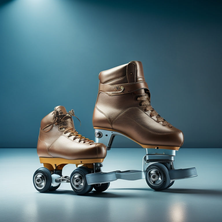 A pair of roller skates on a gray background, one skate facing forward with wheels aligned, the other facing backward with wheels turned at a 45-degree angle, highlighting the ability to control direction.