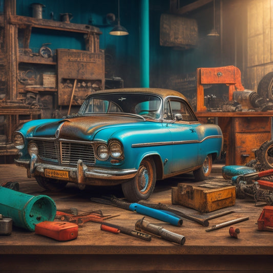 A retro-style illustration of a vintage Chrysler Dodge, surrounded by scattered tools, gears, and mechanical parts, with a distressed, worn-out service manual lying open on a rusty workbench in the background.