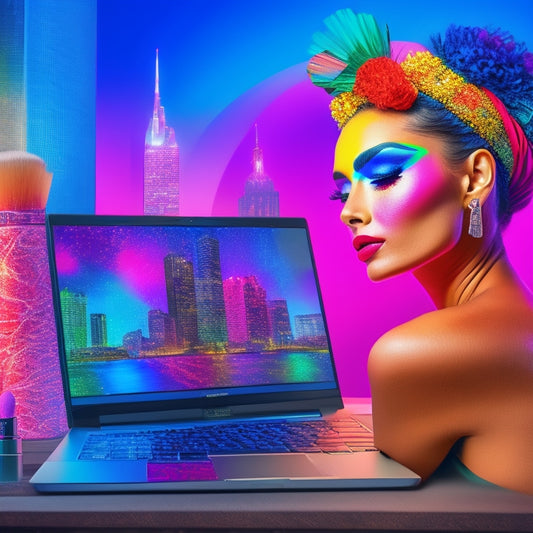 A vibrant, colorful illustration of a dancer in front of a laptop, surrounded by makeup brushes, eyeshadows, and lipsticks, with a cityscape or dance studio background.