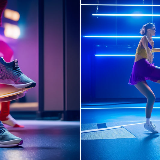 A split-screen image: on the left, a pair of sleek sneakers on a dance floor, surrounded by scattered dance shoes; on the right, a dancer in mid-air, sneakers laced up, spinning to the rhythm.