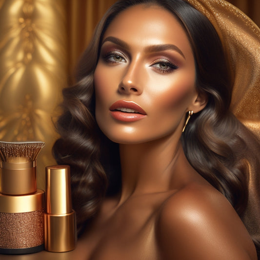 A beautiful, bronzed woman with a flawless, sun-kissed glow, posing confidently in front of a luxurious, velvet-draped backdrop, surrounded by glamorous makeup and beauty products.