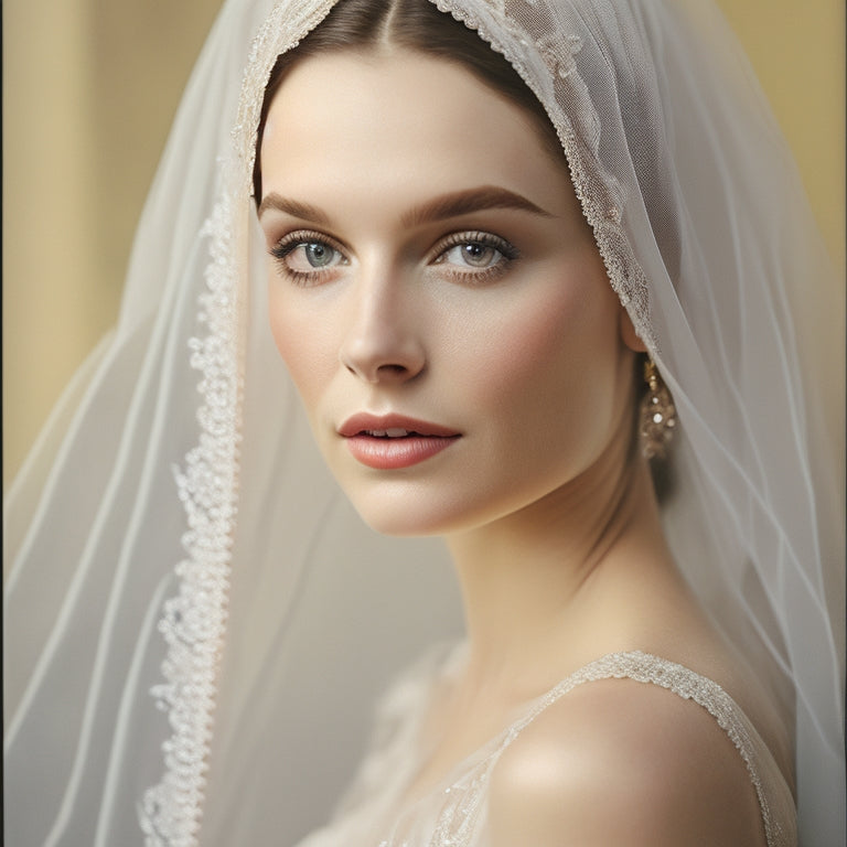 A delicate, lace-trimmed wedding veil drapes elegantly over a vintage-inspired, ornate gold frame, surrounded by scattered, crisp white polaroid photos and a few strategically placed, sparkling diamonds.