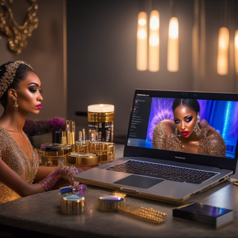 A glamorous, spotlight-lit dancer in the foreground, surrounded by various makeup brushes, palettes, and mirrors, with a laptop open to an online course website in the background.