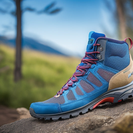 A close-up of a sturdy, ankle-high shoe on uneven terrain, showcasing reinforced ankle support, textured sole gripping the ground, and vibrant colors contrasting with a blurred background of a hiking trail.