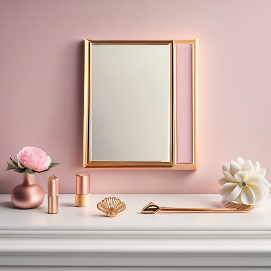 A sleek vanity adorned with an array of elegant hair clips: minimalist gold barrettes, intricate floral hairpins, and chic tortoiseshell snap clips, all arranged harmoniously against a backdrop of soft pastel colors.