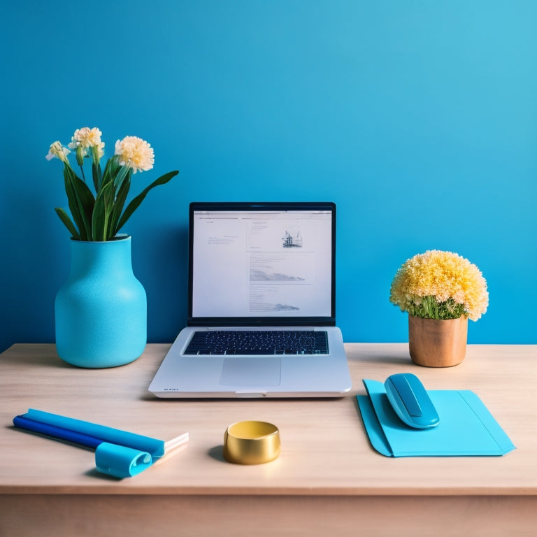 A minimalist desk with a laptop, a few art supplies, and a single, blooming flower amidst scattered sketches, surrounded by a subtle, gradient blue background, conveying organization and creativity.