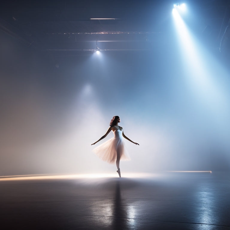 A dramatic, spotlight-lit dance studio with a lone, poised dancer in the center, surrounded by swirling mist and subtle, shimmering lights, with a subtle, gradient-colored background.