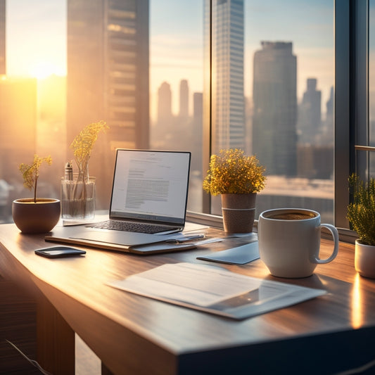 A professional, modern desk with a sleek laptop, a pad of paper, and a cup of coffee, surrounded by scattered resume papers, with a subtle cityscape background and a hint of morning sunlight.