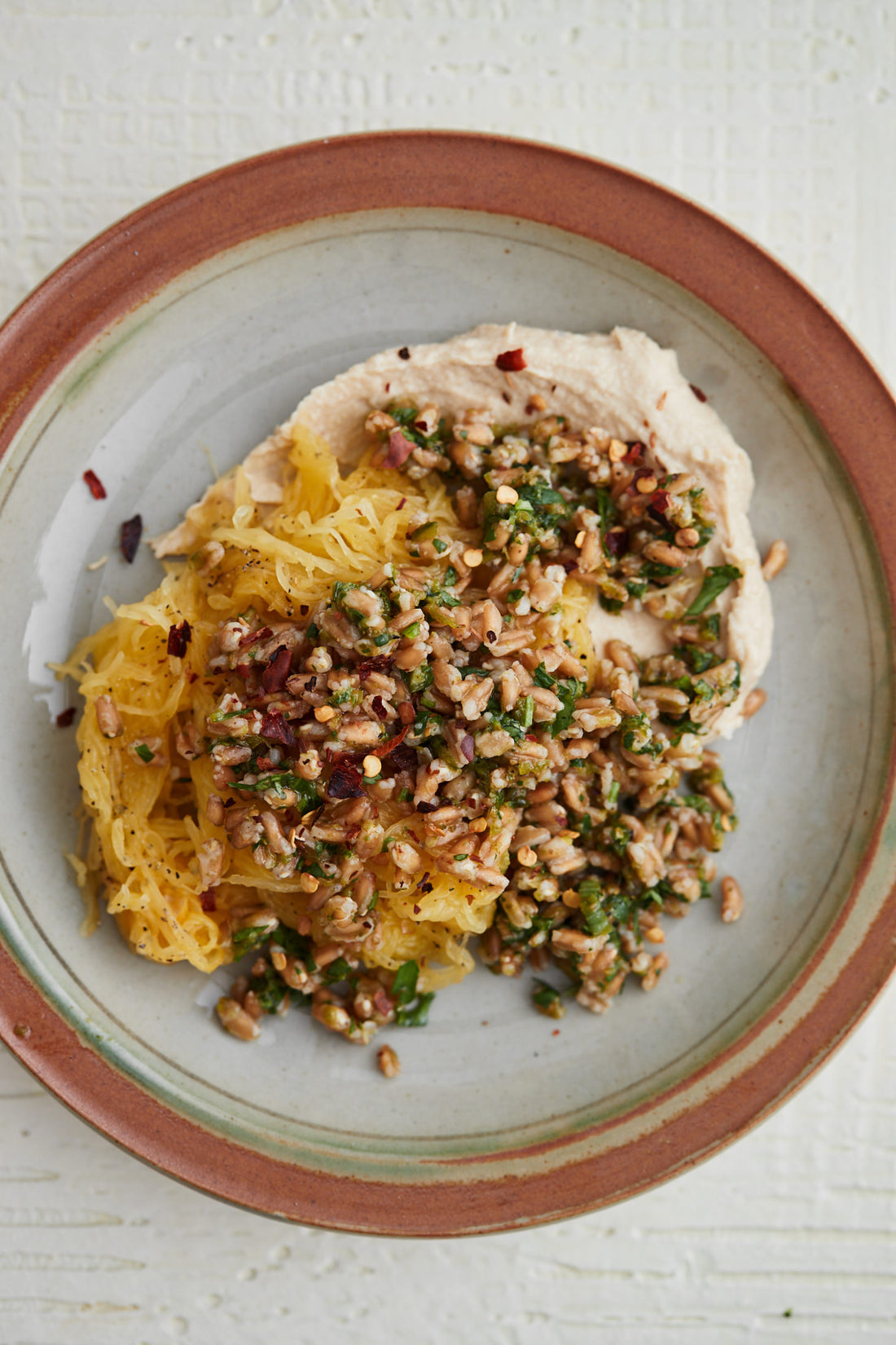 Harissa Farro Bowls with Spaghetti Squash and Hummus