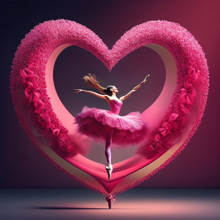 A whimsical illustration of a ballet dancer's silhouette, surrounded by swirling hearts in shades of pink and red, with subtle musical notes and ballet slippers incorporated into the design.