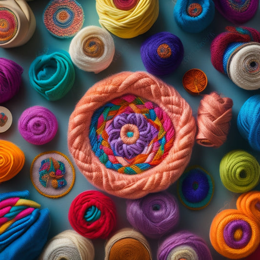 Vibrant swirly threads intertwine, forming a kaleidoscope of colors on a quilted canvas, with scattered sewing notions, scissors, and a few loose threads framing the edges, against a soft, creamy background.