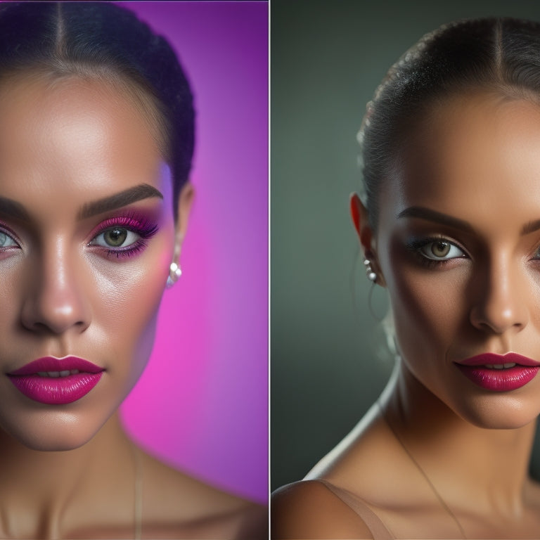 A split-screen image featuring a before-and-after comparison: a dancer in a dimly lit studio with minimal makeup versus the same dancer in a vibrant music video setting with bold, glamorous makeup and striking lighting.