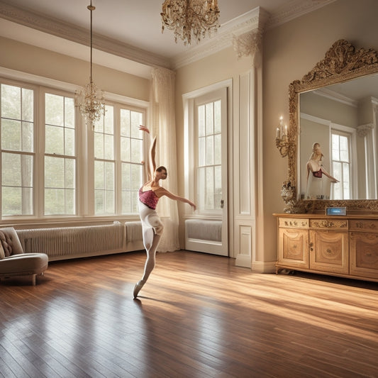 A serene, well-lit home dance studio with a large mirror, ballet barre, and wooden floor, featuring a single dancer in a powerful pose, surrounded by scattered dance shoes and a few music sheets.