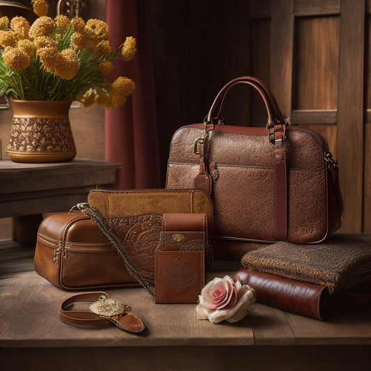 A collection of vintage-inspired bags displayed elegantly on a rustic wooden table, showcasing rich leather textures, intricate embroidery, and classic metal clasps, surrounded by soft, warm lighting and delicate floral accents.