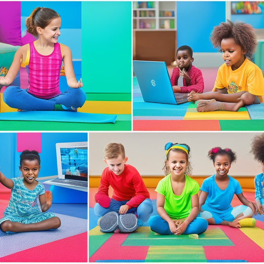A colorful illustration of diverse kids aged 6-12 engaging in various physical activities like yoga, dance, and sports in a virtual classroom setting with laptops and tablets surrounding them.