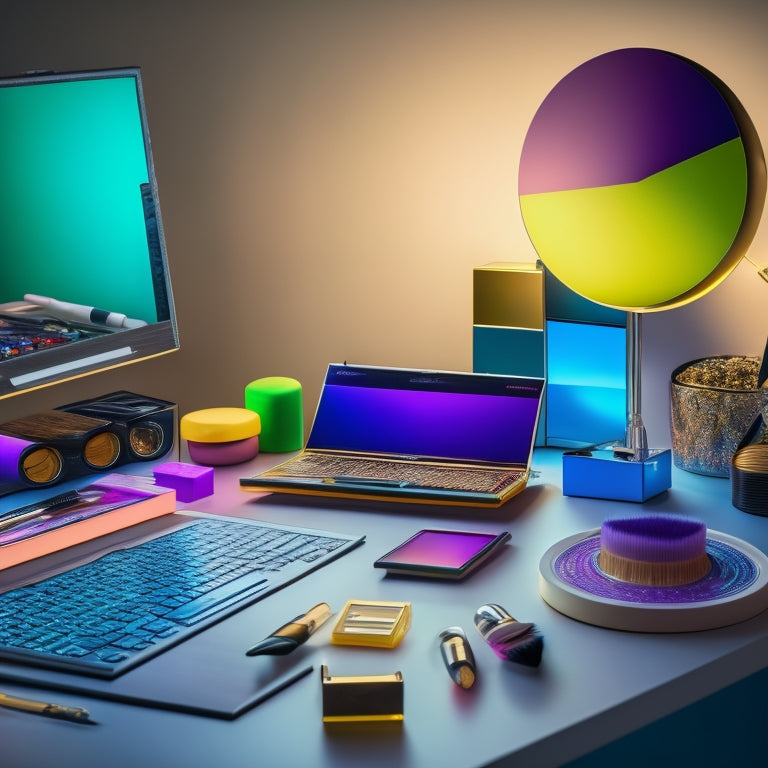 A colorful, clutter-free digital workspace with various makeup templates, laptops, and tablets scattered around, surrounded by makeup brushes, palettes, and mirrors, under a bright spotlight.