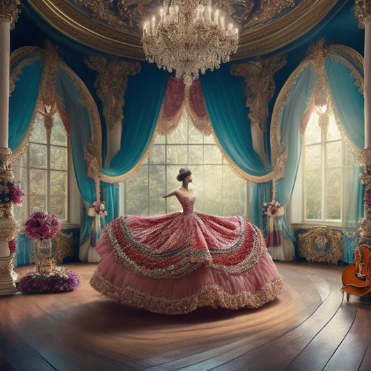 A whimsical illustration featuring a grand, ornate dance floor, surrounded by lush curtains, with a pair of elegant dancing shoes at its center, surrounded by swirling ribbons and flowing fabrics.