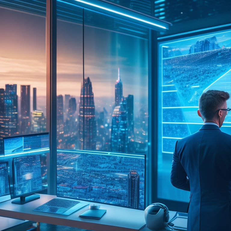 A futuristic virtual classroom with a holographic instructor, surrounded by floating screens displaying interactive lessons, amidst a subtle cityscape background with blurred skyscrapers and neon lights.